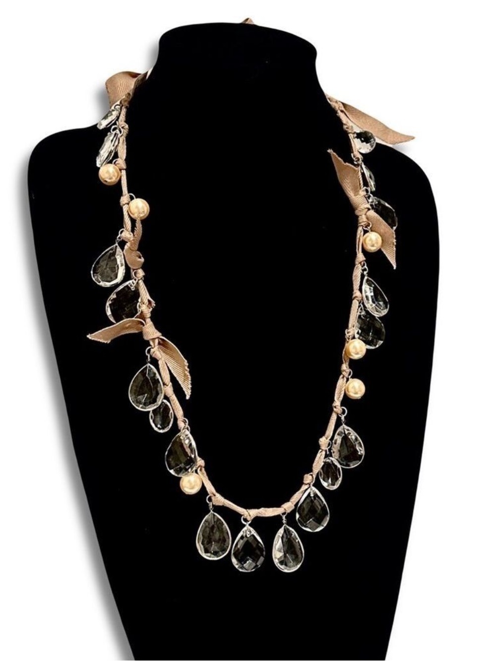 Ann Taylor Loft Bow Tie Necklace Crystal Pearl Adjustable